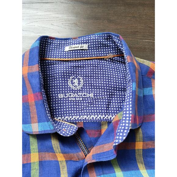 Bugatchi Uomo Shaped Fit Men's Shirt XL Multicolor Plaid Linen Blend Casual - Picture 2 of 9